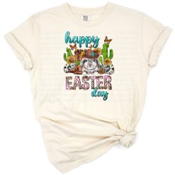 A playful cowboy bunny riding in a rodeo with Easter accents and western details.