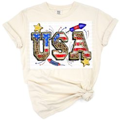 A vintage western-themed American flag design with rustic USA accents and classic patriotic colors.