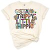 A colorful retro peace sign with flowers and groovy 70s summer accents in a hippie style.