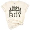 Cartoon style army birthday boy with camouflage and military elements.