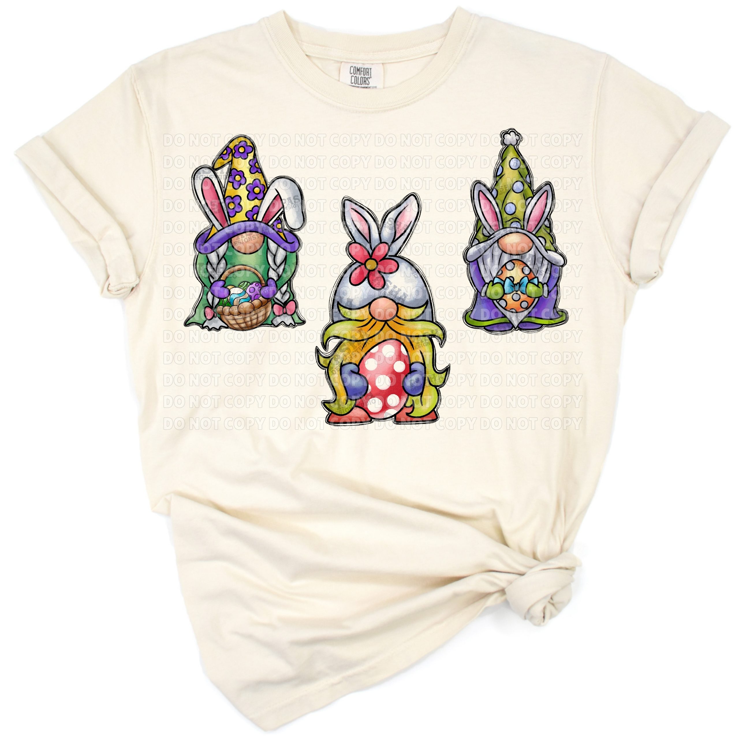 A cute gnome with an Easter bunny in a colorful spring setting.