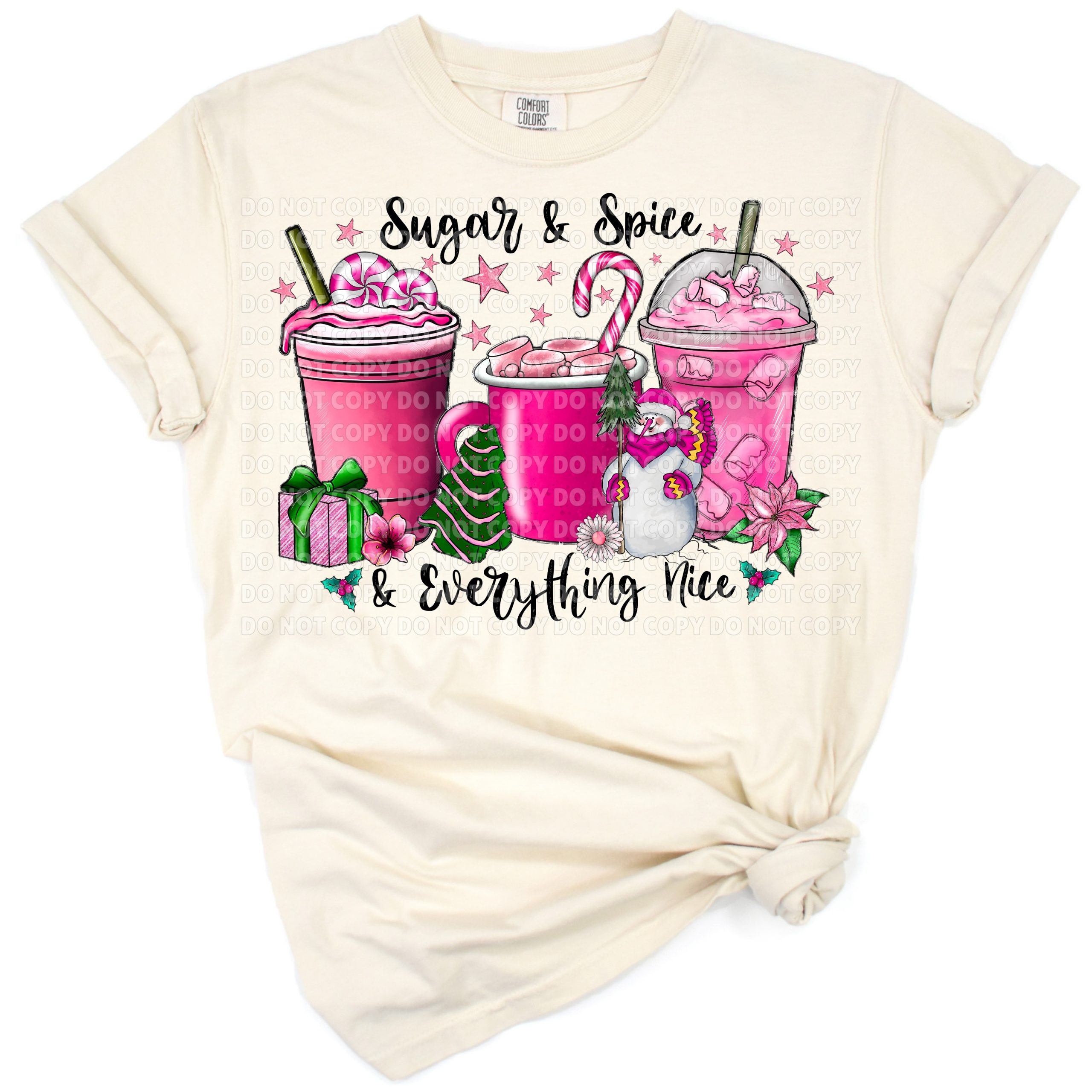 Three pastel pink coffee cups with sugar and spice elements in a Christmas theme.