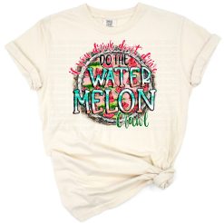 A humorous retro watermelon artwork with summer colors and grunge style.