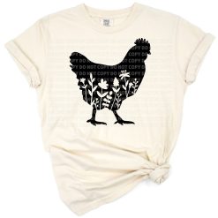 A chicken illustration decorated with floral elements in a farmhouse style.