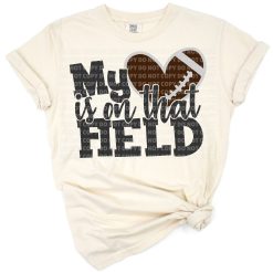 A retro style design with a heart and football elements showing proud mom support for the team.