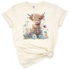 A whimsical highland cow with floral decorations in a playful western style.