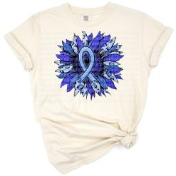 A blue sunflower surrounded by glittering leopard and cheetah prints with a colon cancer awareness ribbon.