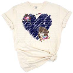 Navy blue faux glitter heart with a baseball pattern in the center