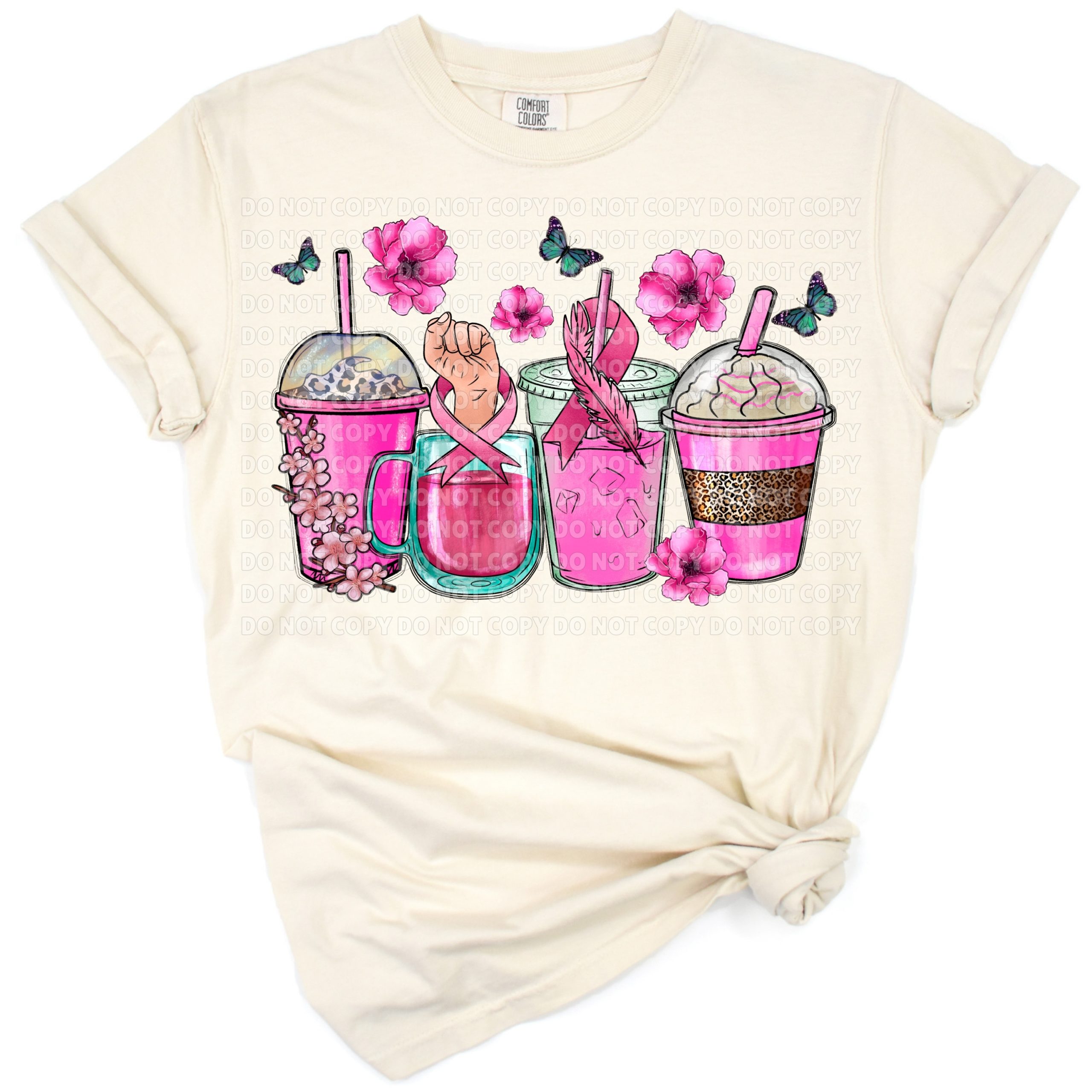 A group of coffee cups decorated with pink ribbons and hearts for breast cancer awareness.