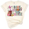 A cute Easter bunny holding a coffee cup with cheerful spring accents.