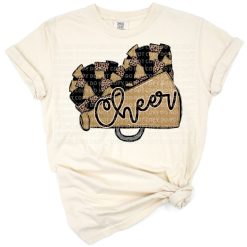 Cheerleading design with gold and black cheetah print and bold athletic lettering.