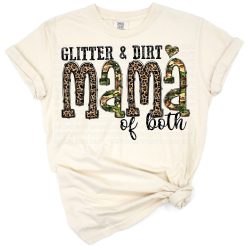 A western-inspired mom design with camouflage, glitter, dirt, and leopard print accents.