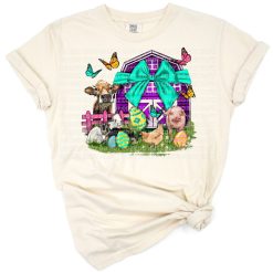 Cheerful Easter farm animals with a barn and spring accents in a festive scene.