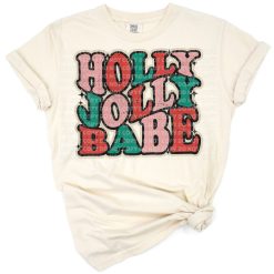 A playful retro Christmas design with the words Holly Jolly Babe decorated in festive holiday colors.