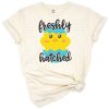 A cute baby chick emerging from a cracked egg with cheerful springtime accents.