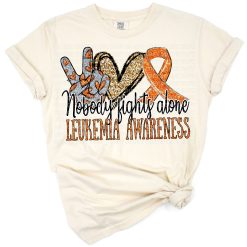 Illustration of an orange ribbon with peace, love, and cure symbols for leukemia awareness.