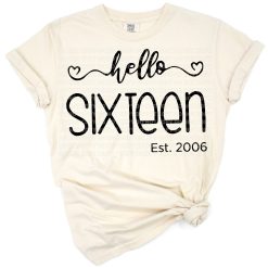 A festive pink and gold Hello Sixteen birthday design with a crown and stars.