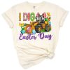 A cheerful gnome drives a yellow bulldozer with Easter eggs and flowers for a fun spring celebration.