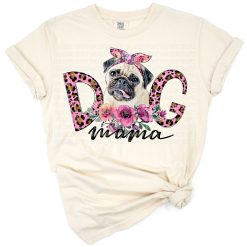Watercolor pug wearing a bandana with pink flowers and leopard print accents.