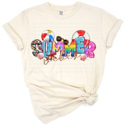 A retro style summer beach scene with sunshine and colorful summer elements.