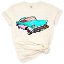A vintage style illustration of a classic car with western accents.
