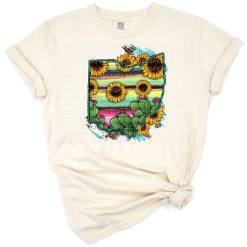 An Ohio map decorated with sunflowers, cactus, and southwestern serape patterns.