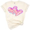 Watercolor illustration of colorful hearts in a playful love theme.