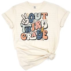 Cartoon hand peace sign with retro text reading Peace Out Third Grade and bright colors