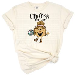 A cute retro Little Miss New Year design with pink and gold accents for kids.