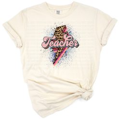 A retro leopard print lightning bolt with playful teacher graphic elements and back to school accents.