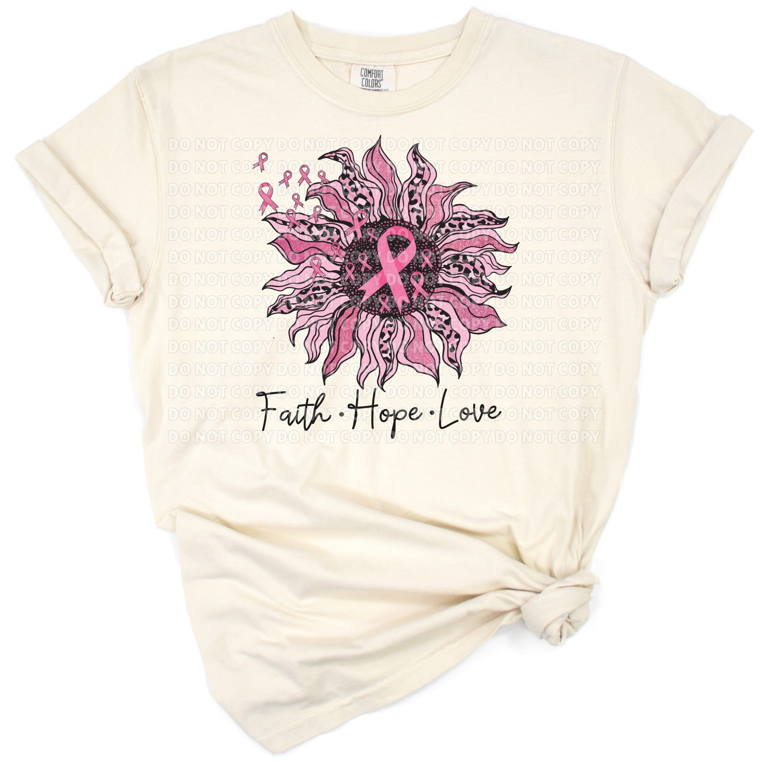 A pink ribbon with flowers and leopard print accents arranged in an inspirational design.