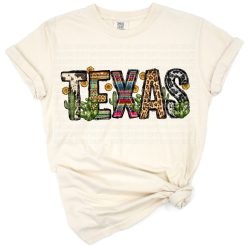 A western-style Texas state design featuring a cactus and sunflower in vibrant colors.