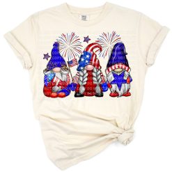 Three festive gnomes with red, white, and blue hats holding American flag hearts.