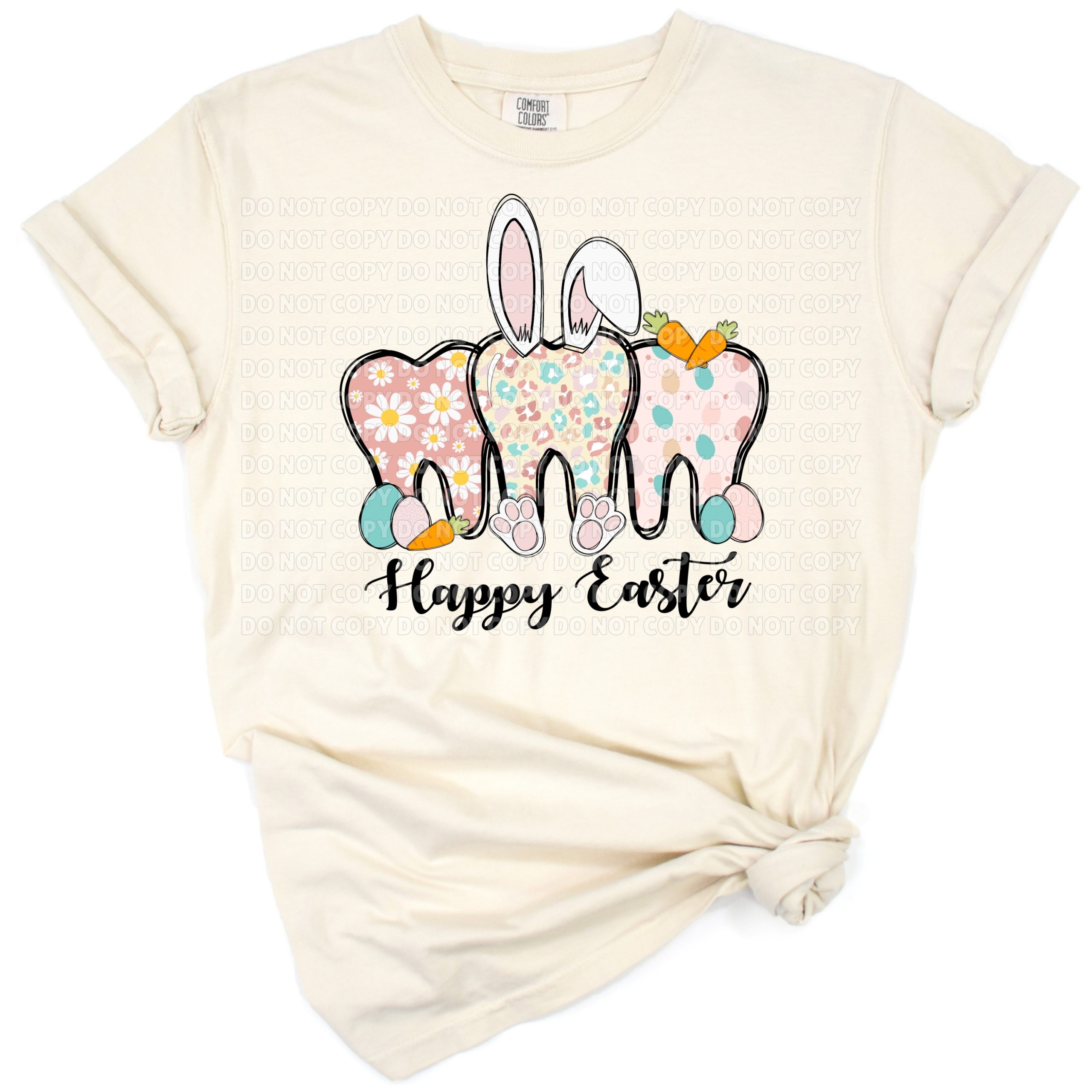 A cute trio of teeth with a leopard egg and bunny rabbit, designed in a playful Easter theme.