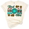 Retro western style illustration of a tired mom with country and vintage design elements.