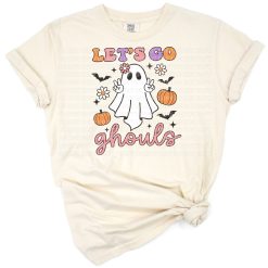 A group of retro boho styled ghosts with Halloween-themed decorations.