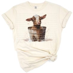 An illustration of a cute goat with rustic farm style elements.