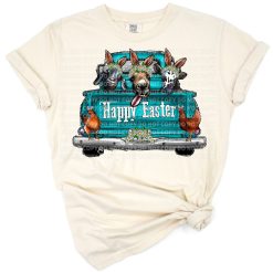 A cheerful farm truck filled with cute animals and Easter decorations in a vintage country style.