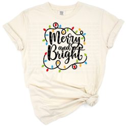 Holiday design with colorful Christmas lights and cheerful text reading Merry and Bright.