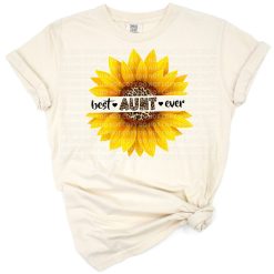 A leopard print and sunflower graphic with decorative aunt lettering.