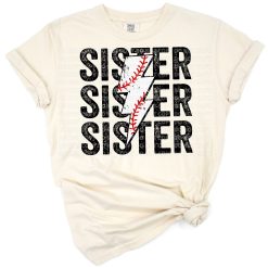 Stacked distressed lightning bolt with baseball and sister theme artwork.