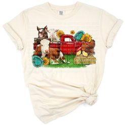 A vintage truck filled with cute farm animals in a country setting.