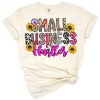 A retro western themed graphic featuring the phrase 'small business hustler' with decorative elements.