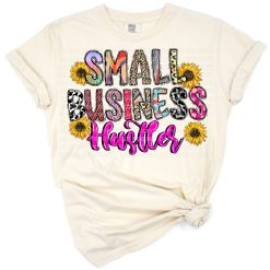 A retro western themed graphic featuring the phrase 'small business hustler' with decorative elements.