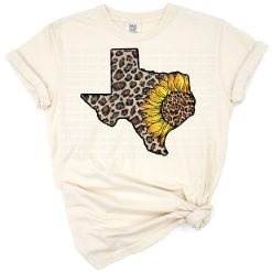 A Texas state silhouette filled with leopard print and decorated with bright sunflowers.