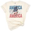 Stacked America lettering with distressed cheetah and leopard print and a lightning bolt in patriotic colors.