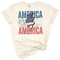 Stacked America lettering with distressed cheetah and leopard print and a lightning bolt in patriotic colors.