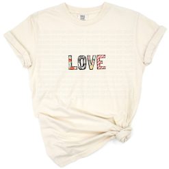 Patterned letters spell the word LOVE in a colorful and bold style, perfect for Mother’s Day shirts.