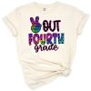 Colorful tie dye cheetah print peace out hand with fourth grade text and playful retro style.
