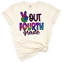 Colorful tie dye cheetah print peace out hand with fourth grade text and playful retro style.